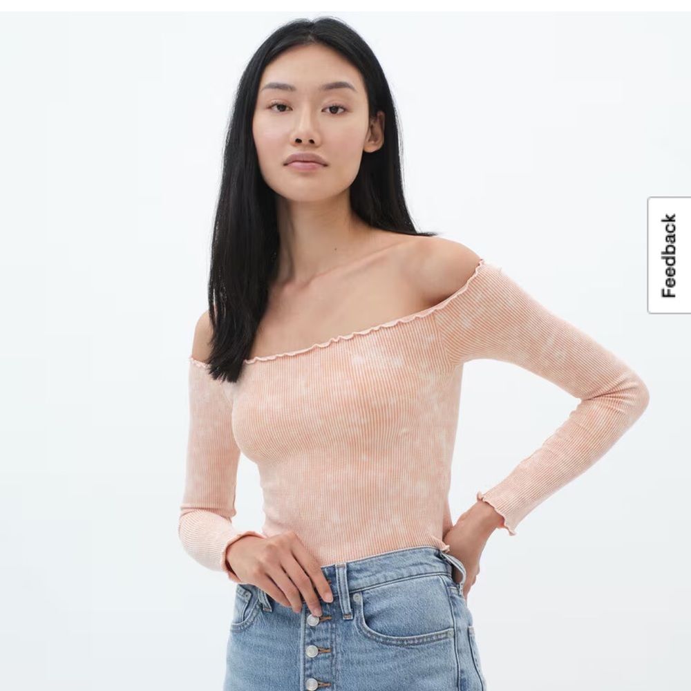 Off-Shoulder Lettuce Trim Ribbed Peach Top